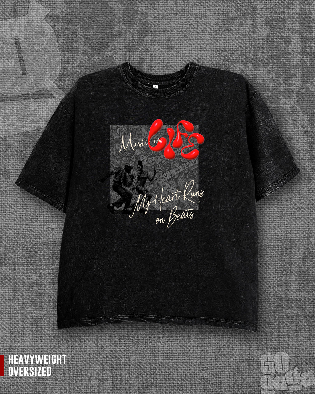 Music is Life Black stonewash Heavyweight Oversized T-shirt