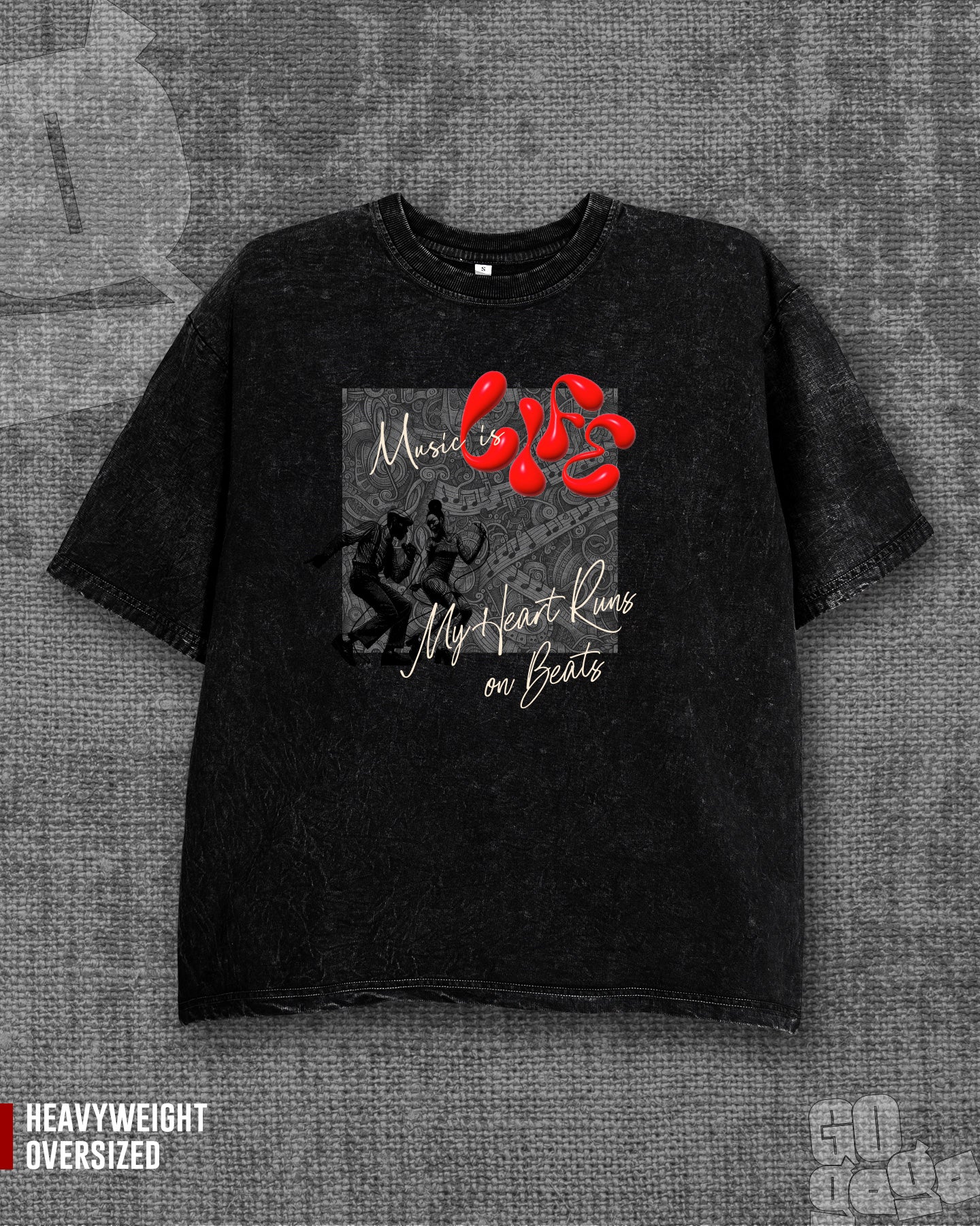 Music is Life Black stonewash Heavyweight Oversized T-shirt
