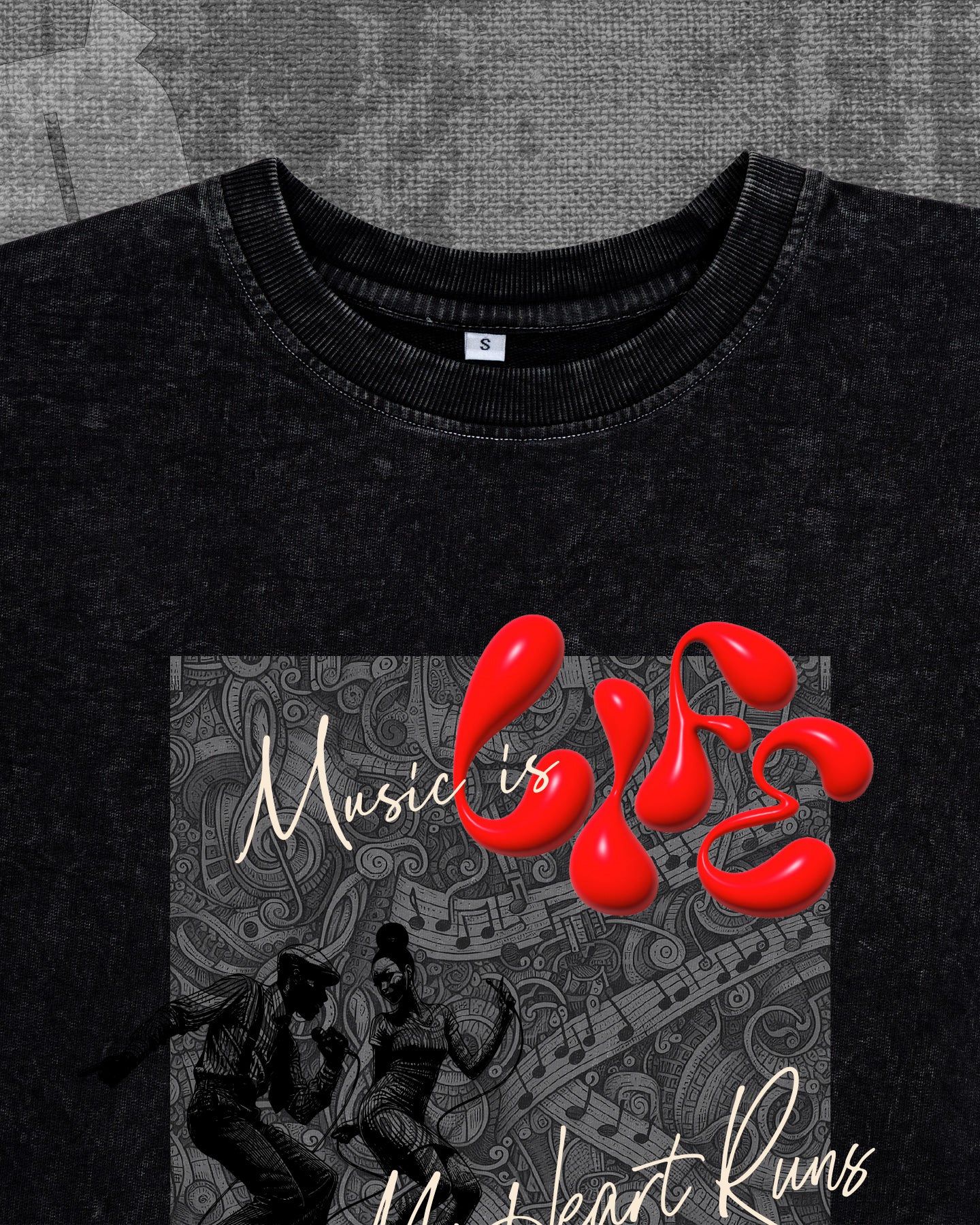 Music is Life Black stonewash Heavyweight Oversized T-shirt